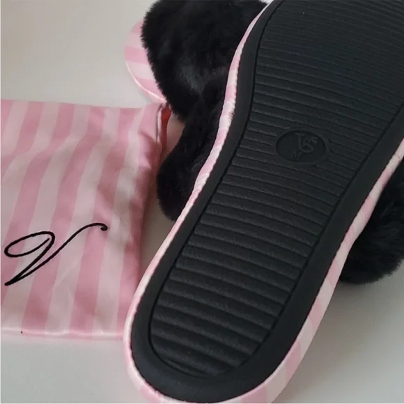 Victoria's Secret Slippers Pink Stripe Black Fur Size 7-8 - Picture 6 of 8